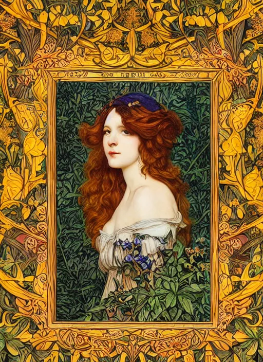 Image similar to masterpiece beautiful seductive flowing curves pose preraphaelite portrait photography, extreme closeup shot, straight bangs, thick set features, yellow ochre ornate medieval dress, mushroom forest arch, amongst foliage, william morris and kilian eng and mucha, framed, 4 k