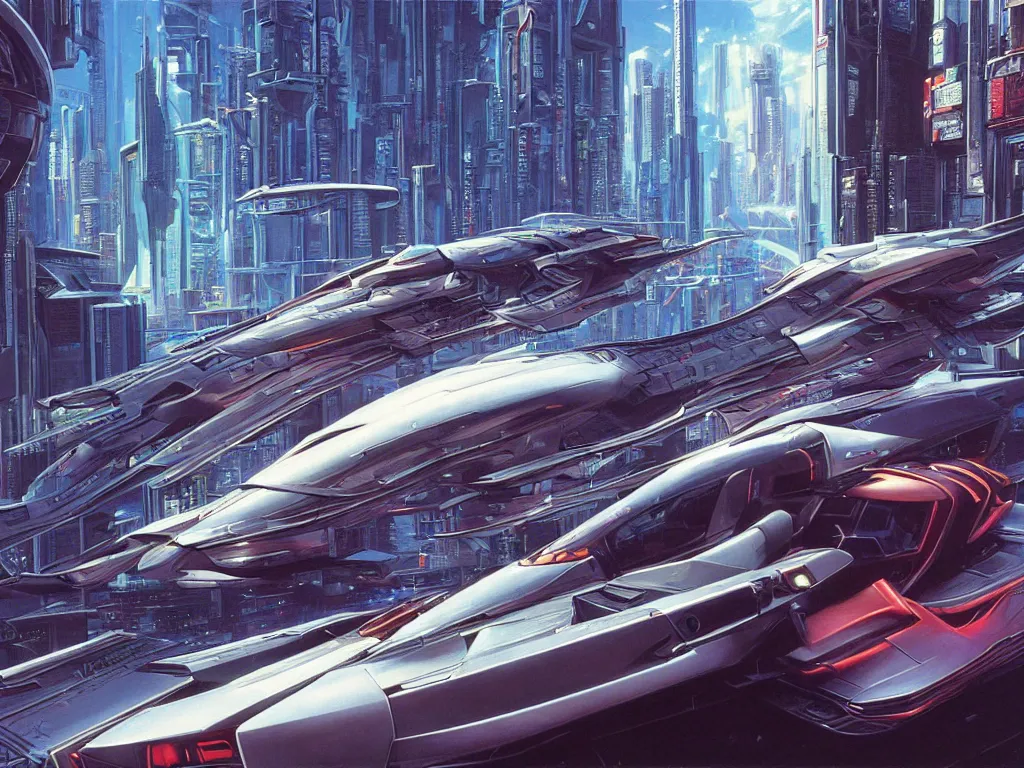 Prompt: hyperrealistic painting of a slice of life from a futuristic city, mechanical designs, futuristic vehicles, technological, cinematic, cyberpunk style, highly detailed, realism, intricate, acrylic on canvas, 8 k resolution, concept art, by noriyoshi ohrai and moebius