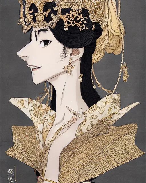 Image similar to portrait of a queen, elegant, beautiful, mesmerizing, concept art, fancy clothing, highly detailed, inspired by otoyomegatari manga, artstation, behance, deviantart, trending, ayami kojima, shinichi sakamoto, kaoru mori