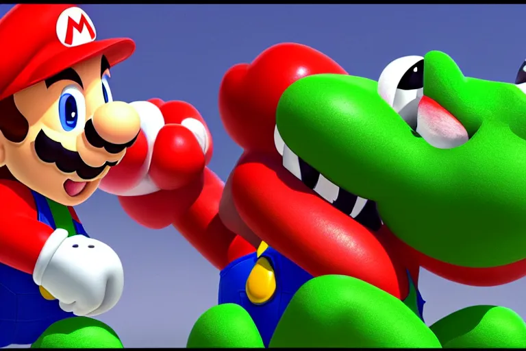 Image similar to a photo of mario punching yoshi in the face, photorealistic, 8 k