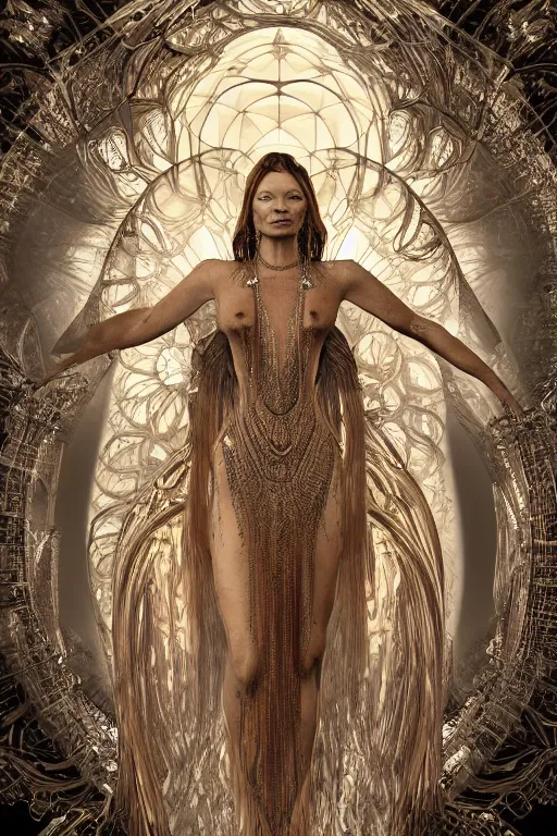 Image similar to a realistic photo of a beautiful ancient alien woman goddess kate moss nataraja standing in iris van herpen dress jewelery and fractals in style of alphonse mucha art nuvo dmt trending on artstation made in unreal engine 4