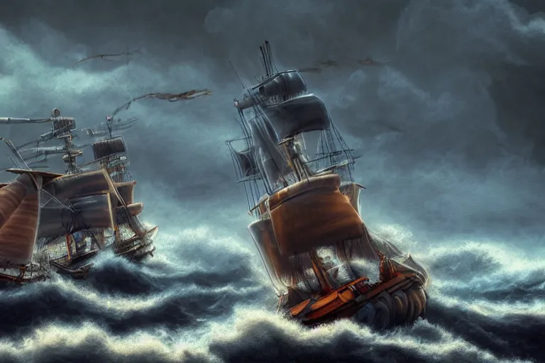 Image similar to epic pirate ship cannon battle in a storm, in the style of vernon grant and chris van allsburg, raging stormy sea, trending on artstation, bright tilt - shift camcorder effect, photoshop, retrowave, hyperrealism, octane, sharp focus, masterpiece