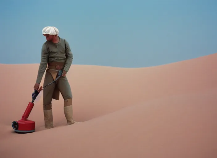 Image similar to detailed protrait photo of Luke skywalker vacuuming sand dunes. a pink dune, screenshot from the 1985 film, Photographed with Leica Summilux-M 24 mm lens, ISO 100, f/8, Portra 400