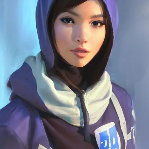 Prompt: greg manchess portrait painting of a beautiful girl wearing a blue hoodie as overwatch character, medium shot, asymmetrical, profile picture, organic painting, matte painting, bold shapes, hard edges, street art, trending on artstation, by huang guangjian and gil elvgren and sachin teng and wlop and rossdraws and greg rutkowski