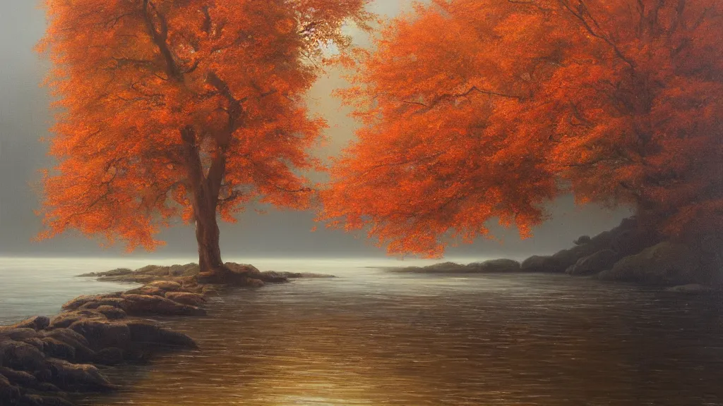 Prompt: A beautiful oil painting of a single tree, the tree is in the rule of thirds, a person is under the tree reading a book, the fall has arrived and the leafs started to become golden and red, the river is flowing its way, the river has lots of dark grey rocks, oil painting by Greg Rutkowski