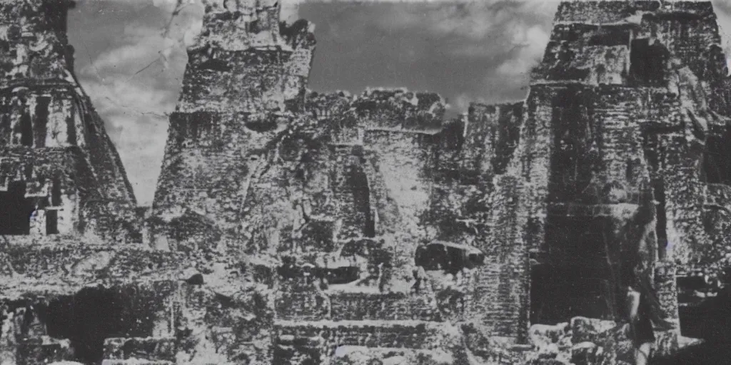 Prompt: black and white old 1 9 3 0 s damaged polaroid photo of a real alien with mayans in the ruins of tikal