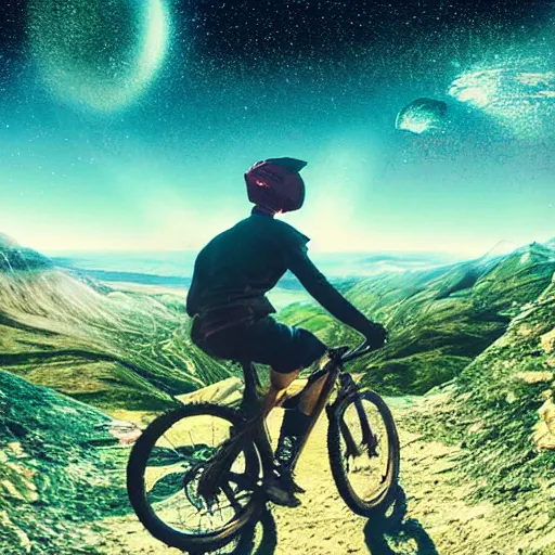 Prompt: surreal, dreamlike image of a person riding a mountain bike througout deep space, view from camera placed on his helmet