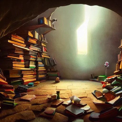 Image similar to books cave, atmospheric, dof, wide angle, very coherent composition, masterpiece, incredible details, highly detailed, photorealistic, disney pixar, warm colours, atmospheric, cozy place, smooth, hole as a window, octane render, iridescent, 8 k