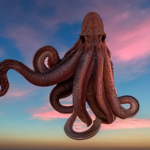 Prompt: a group of colossal octopuses flying over a cloudy pink sky over the horizon, award winning