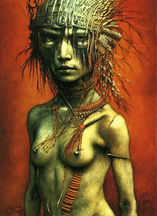 Image similar to warrior girl in tribal painting by Beksinski and Arthur Rackham