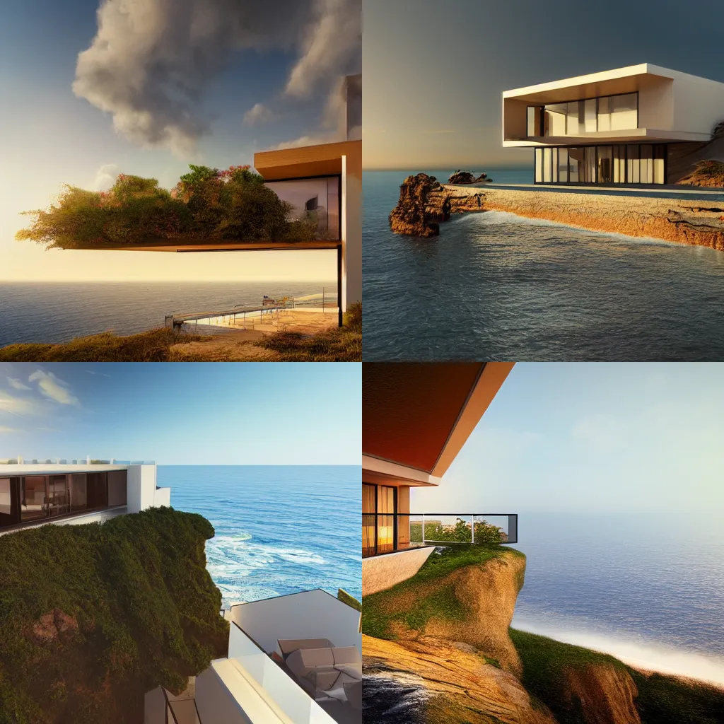 Prompt: modern house on a cliff overlooking the ocean, golden hour, architecture, concept art, matte painting