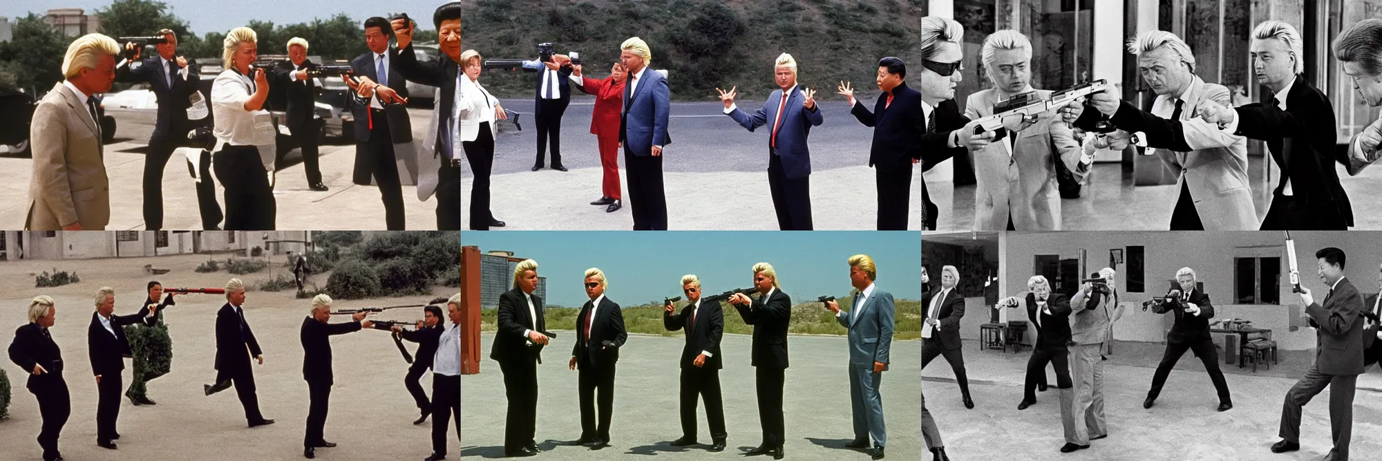 Prompt: angela merkel, geert wilders and xi jingping pointing guns at each other, mexican standoff, cinematic shot, reservoir dogs 1 9 9 2