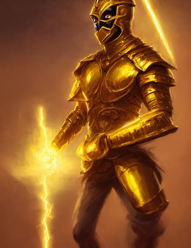 Image similar to a masked warrior in golden armour with a glowing golden gauntlet, surrounded by crackling golden lightning and energy, by frank fazetta and peter mohrbacher, trending on artstation, digital art, 4 k resolution, detailed, high quality, sharp focus, hq artwork, coherent, insane detail, concept art, character concept, character full body portrait