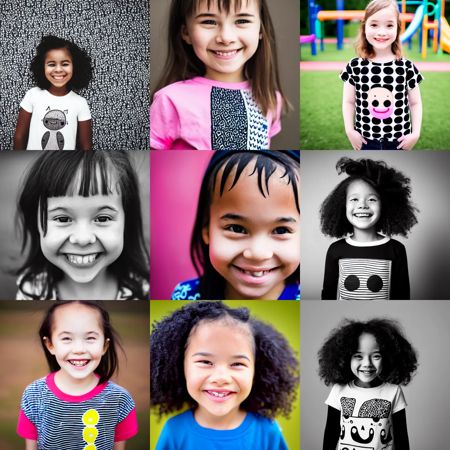 Prompt: portrait of a smiling young girl wearing a shirt designed by mr doodle, black and white mr doodle pattern, beautiful composition, modern color palette, 50mm f1.8, ambient light, hyperdetailed eyes, playground background, mid shot, depth of focus