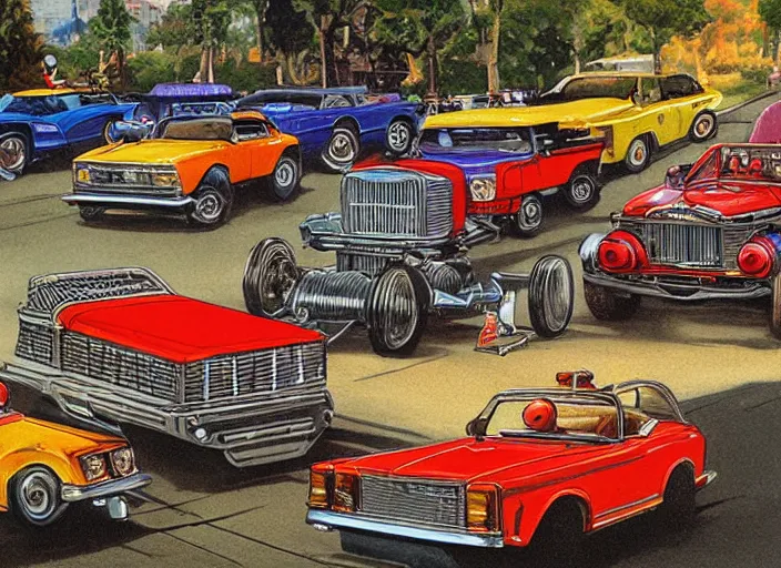 Prompt: 5 hotrods driving down a street , vintage, highly detailed, by Jeff Easley