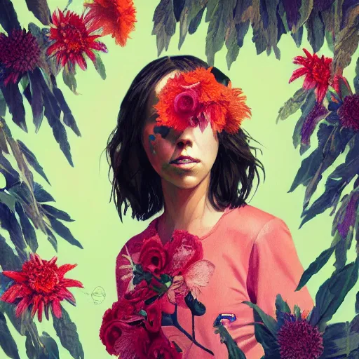 Image similar to painting of aubrey plaza dressed with flowers, illustration, artistic, colorful, hyper detailed, in the style of greg rutkowski