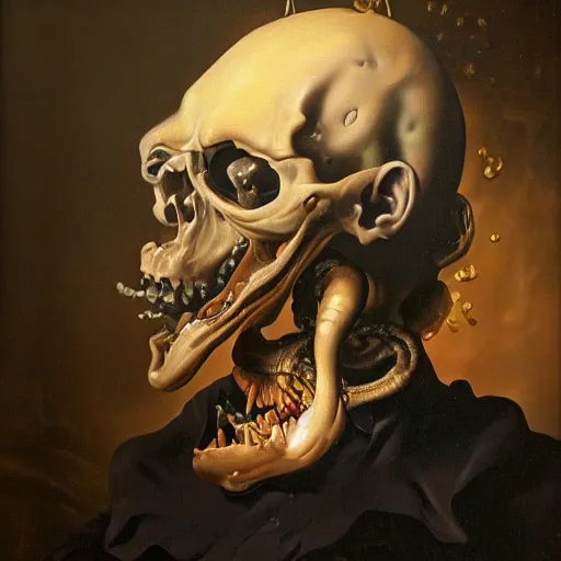 Image similar to refined gorgeous blended oil painting with black background by christian rex van minnen rachel ruysch dali todd schorr of a chiaroscuro portrait of an extremely bizarre disturbing mutated man with shiny skin acne dutch golden age vanitas intense chiaroscuro cast shadows obscuring features dramatic lighting perfect composition masterpiece