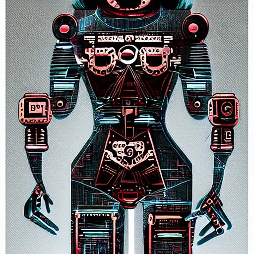 Image similar to robot woman, aztec design, cyber punk, brutalism