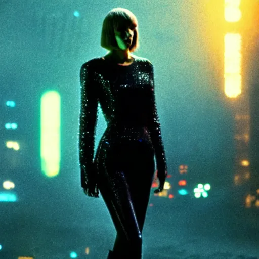 Image similar to Taylor Swift in Blade Runner, cyberpunk, cinematic film still