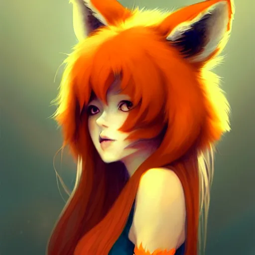 Image similar to character design portrait of a beatiful anthropomorphic furry fox woman with fox ears, long orange hair, wearing a tshirt, looking at the camera, 4 k, concept art, by wlop, wenjun lin, watercolor, ilya kuvshinov, artgerm, krenz cushart, pixiv.