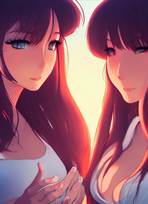 Image similar to two beautiful mothers outside on a hot summer evening, gorgeous faces, thick lines, cinematic lighting, detailed anime art