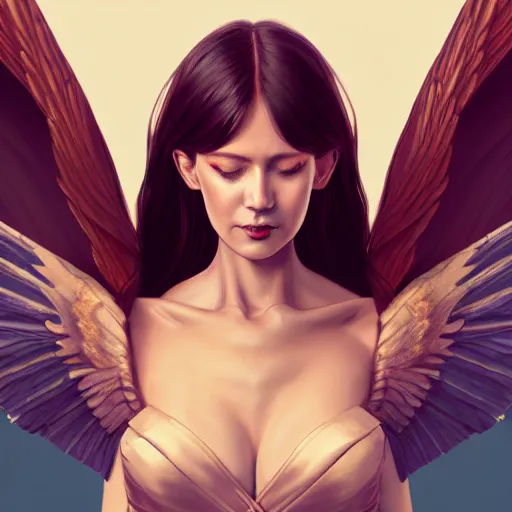 Image similar to 3 / 4 view of a portrait of a woman with wings with wings, confident pose, genshin impact, digital art,, concept art, smooth, sharp focus, illustration, trending on artstation, highly detailed, concept art, trevor carlton, trending on artstation, artgerm, anime imax 7 0 mm, h 6 4 0