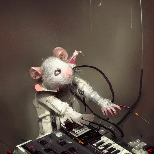 Image similar to a rat cyborg playing with a tb-303 synthesizer, by ruan jia