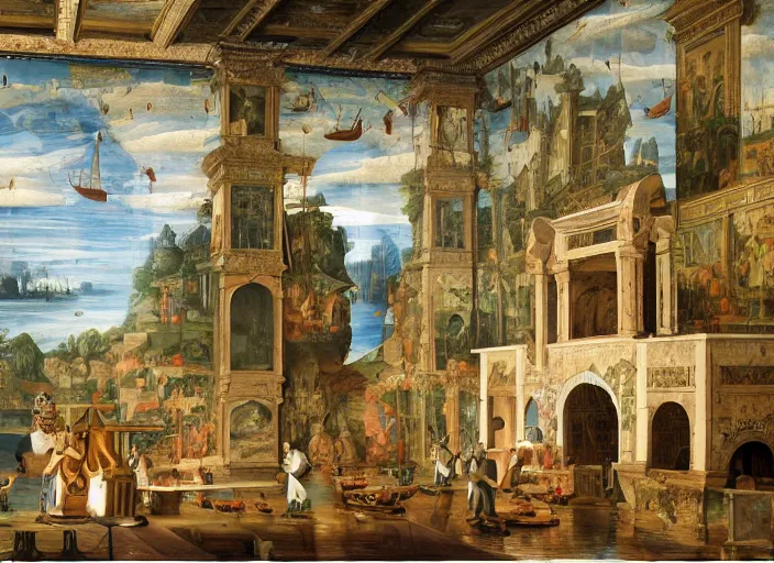 Image similar to a renaissance castle room flooded with water, a robot is sitting in a small boat in the room fishing,