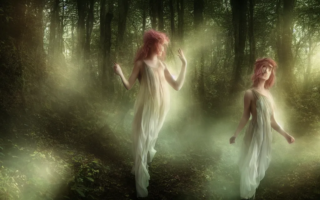 Prompt: a beautiful faery wearing petals made of chiffon folds, beautiful face, silk luminescent, iridescent, pearlescent, glint, rays, spring season, in a dense forest, twilight light, film grain, cinematic, wild flowers, clear river running trough the woods, mist, dreamy, 8 k, octane rendering