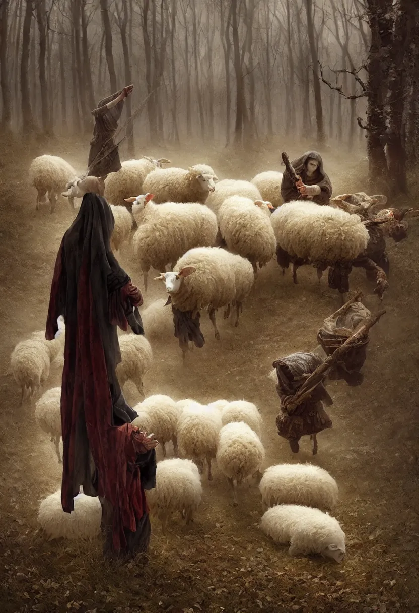 Image similar to spooky slavic pagan ritual with figure in sheep skin chasing away the winter. extremely high fidelity, 8 k, super resolution, cinematic view, super resolution, epic, hyperdetailed, digital painting, artstation, concept art, smooth, sharp focus, octane render, dramatic lighting, art by artgerm and greg rutkowski and alphonse mucha and wlop