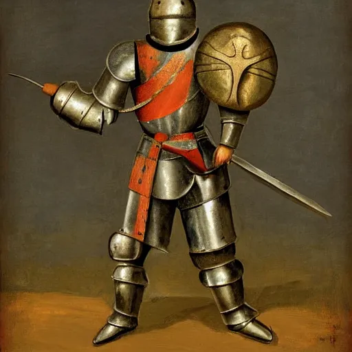 Image similar to one - armed medieval armored knight with bucket on his head, painting