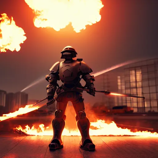 Prompt: Heavily armored soldier with a shield riding a hoverboard with several buildings on fire behind him, cinematic lighting, highly detailed, 8k octane render