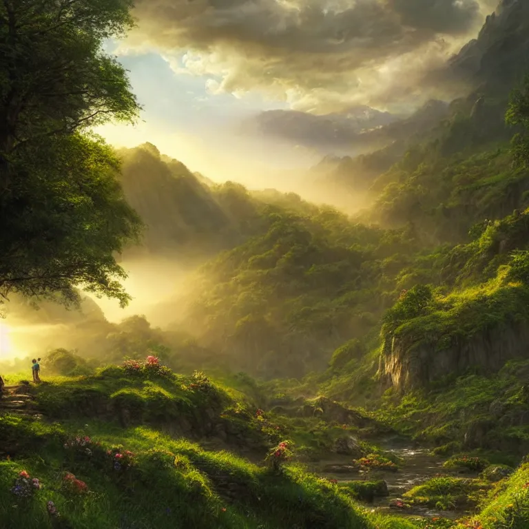 Image similar to a lord of the rings scenery landscape, vast lush valley flowers, stream, sunrise, god's rays highly detailed, vivid colour, soft clouds, floral sunset, cinematic lighting, perfect composition, 8 k, gustave dore, derek zabrocki, greg rutkowski, belsinski, octane render