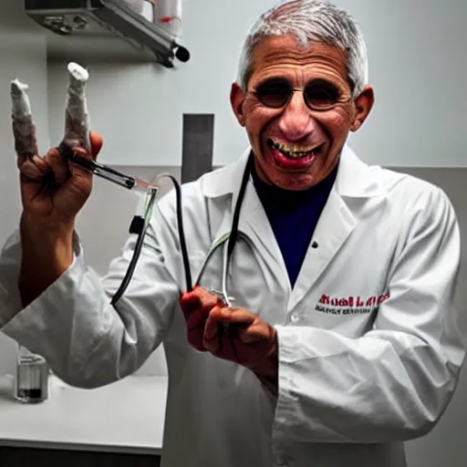 Image similar to horror film stark raving mad lunatic doctor anthony fauci, covered in blood, white lab coat, red stains, laughing maniacally, holding needles and syringes in his hands