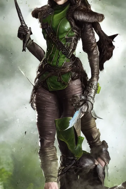 Prompt: fantasy character photo. female ranger. danielle campbell. manic grin, facial expression of obsessive love. tall, lanky, athletic, wiry. brown & dark forestgreen leather armor. small tilted lightgreen feathered cap worn at jaunty angle. black hair in ponytail. bright blue eyes. consulting in secret with an unseen, shadowy informant