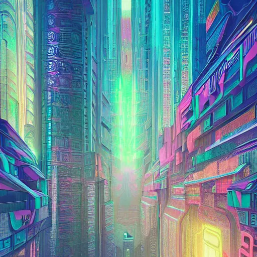 Image similar to matte painting of the sacred geometry of cyberpunk, brilliant colors, extremely detailed, very very detailed, in the style of alena aenami by Alex grey, HD, 4k, 8k