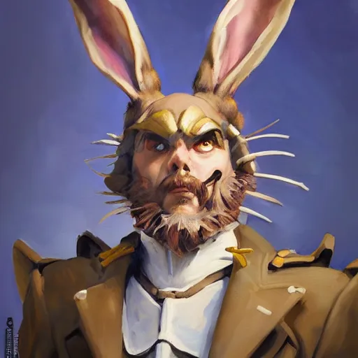 Image similar to greg manchess portrait painting of partially armored of the march hare from alice in wonderland as overwatch character, medium shot, asymmetrical, profile picture, organic painting, sunny day, matte painting, bold shapes, hard edges, street art, trending on artstation, by huang guangjian, gil elvgren, ruan jia, randy vargas, greg rutkowski