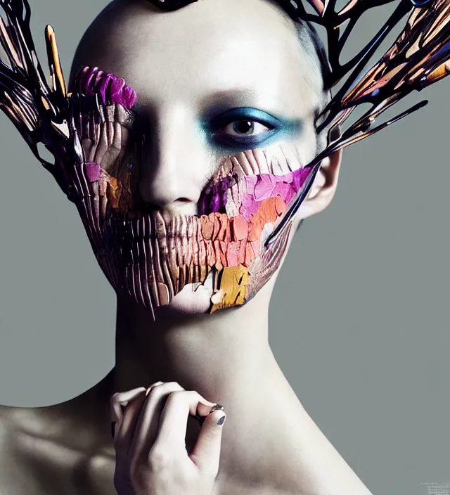 Image similar to photography facial portrait of female fashion model, wearing organic futurist clothed designed by iris van herpen, with a subtle colorfull - makeup. sky forest background, natural pose, highly detailed, skin grain detail, photography by paolo roversi, nick knight, helmut newton, avedon, araki