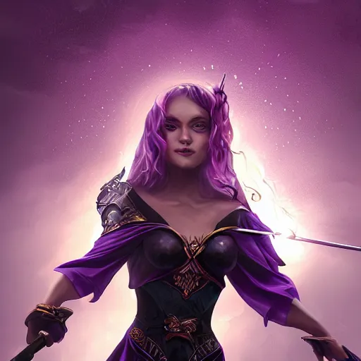 Image similar to a woman in a purple dress holding a staff and dark magic, storm and rain behind her, action scene, magical concept art, artstation contest winner, fantasy art, dark and mysterious, artstation hd, 1 2 0 mm lens, hero pose, detailed, 8 k, digital art