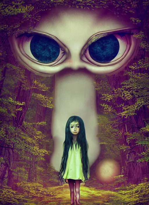 Prompt: recursive image with a girl walking through a forest, large eyes, her long hair flowing, surreal, oil pastels and gold, in the style of katsuhiro otomo, modeled in poser, redshift render, uhd