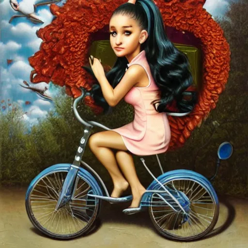 Prompt: Ariana Grande on a tricycle, lowbrow painting by Mark Ryden