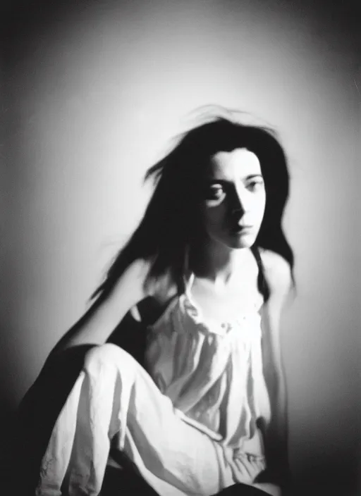 Image similar to black and white film photography, portrait of young marie laforet in darkness, 35mm, film photo