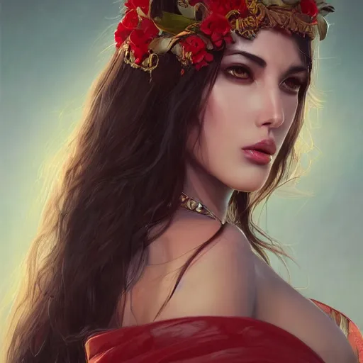 Image similar to realistic detailed semirealism Monica Bellucci as Persephone, 4K high resolution quality artstyle professional artists WLOP, Aztodio, Taejune Kim, Guweiz, Pixiv, Instagram, Artstation