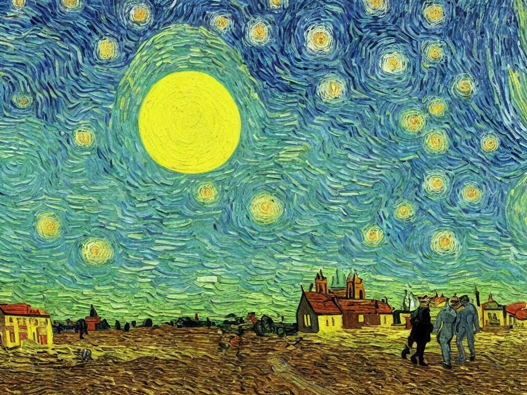 Prompt: bright beautiful oil painting of flying saucer abducting van gogh from arles france with a glowing green light, light scatter, van gogh