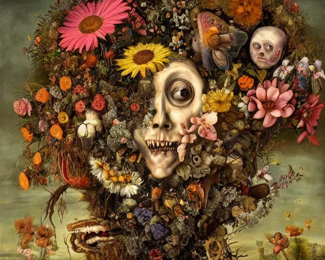 Prompt: A beautiful detailed existential horror portrait painting 'The Godes of nature' by Giuseppe Arcimboldo, flowers bees and birds everywhere, Trending on cgsociety artstation, highly detailed, 8k, masterpiece, in the style of DiscoDiffusion.