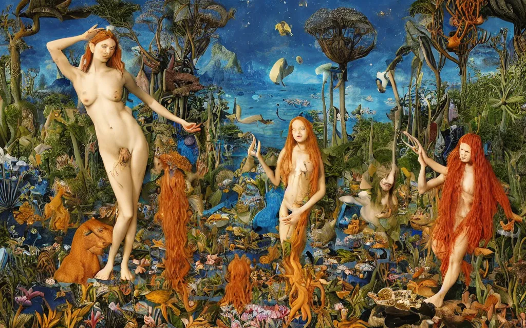 Image similar to a portrait photograph of a meditating mermaid shaman and a centaur monk feeding tropical animals at a wide river delta. surrounded by bulbous flowers, animals, trees and mushrooms. mountain range under a vast blue sky of burning stars. painted by jan van eyck, max ernst, ernst haeckel and artgerm, cgsociety, artstation, fashion editorial