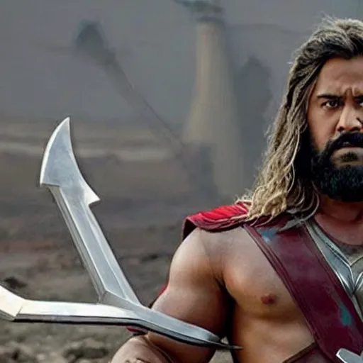 Image similar to film still of rocking star yash as thor in thor ragnarok