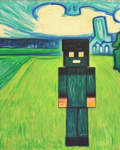 Image similar to minecraft creeper standing in a field by edvard munch