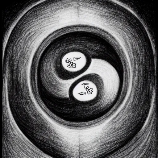 Prompt: a drawing of a pregnant robot giving birth to emerging yin - yang daoist symbol emerging from womb, black and white detailed pencil drawing dao