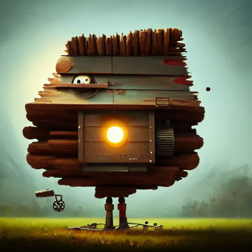 Image similar to a walking wood and metal house with two mechanical legs and two eyes, rust, hyperrealistic, highly detailed, cinematic, single ray of sun, morning, pareidolia, gravity falls style, beautiful, cgssociety, artstation, 8 k, oil painting, digital art